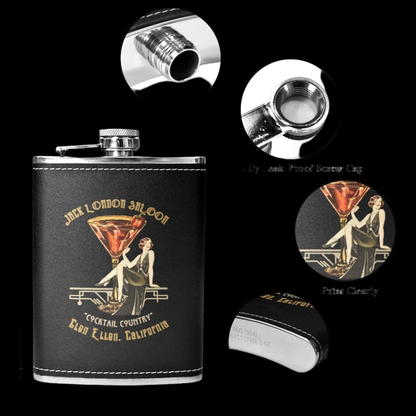 Jack London Saloon Leather Flask 8oz Black Leather Hip Flask